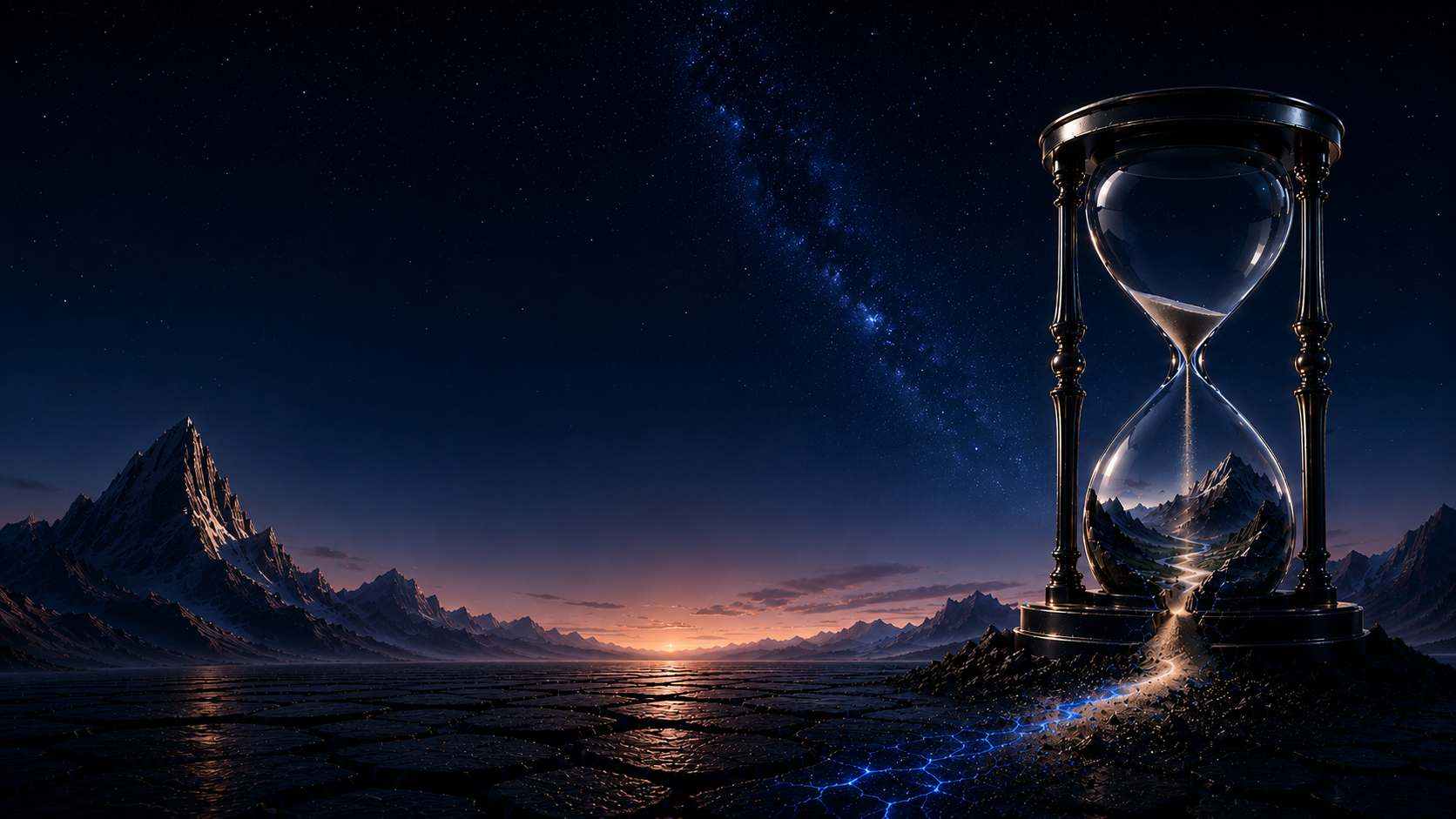 A cosmic hourglass standing over a moonlit mountain horizon